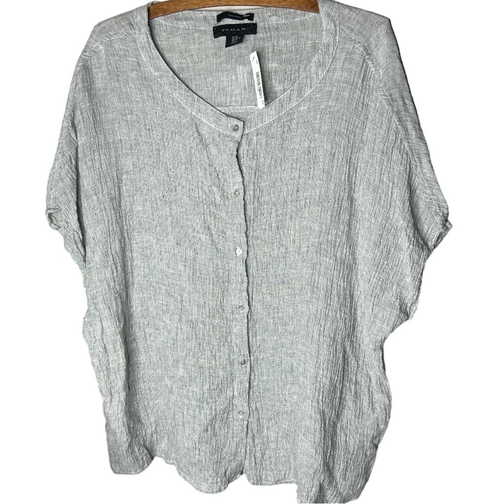 TAHARI 100% Linen Gray Gauzy Button Down Top Size Medium
